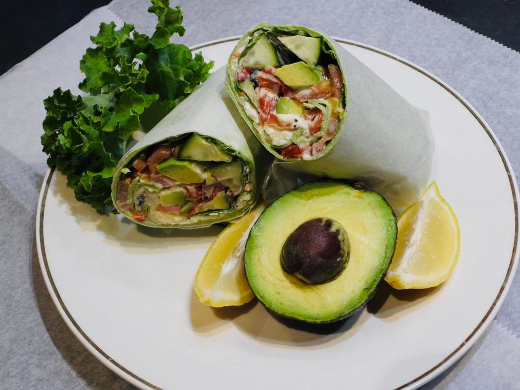Garden Wrap · Avocado, cucumber, roasted peppers, sun-dried tomato, olive oil, lettuce and tomato.