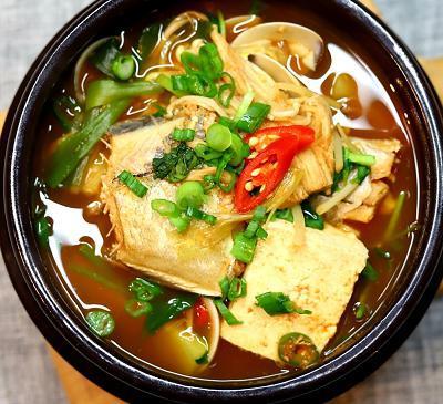 대구탕 (Codfish Stew) · SPICY or plain, rice and  side dishes are followed