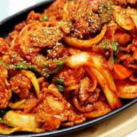 제육볶음 (Spicy Stir-Fried Pork Belly) · come with rice & side dishes