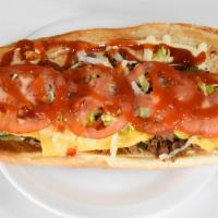 65. Philly Cheese Steak · Steak, Cheese, Red peppers, Green Peppers, Red Onions, lettuce and tomato with Mayonnaise an...