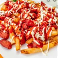 Salchipapa · French fries sausage mayonnaise ketchup cheese 