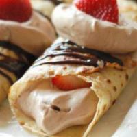 Strawberries & Whipped Cream Crepe · Fresh strawberries, fresh chocolate or nutella and whipped cream.