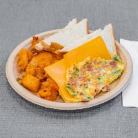 California Omelette · Ham, tomatoes, peppers and cheddar cheese. Served with home fries and your choice of toast.