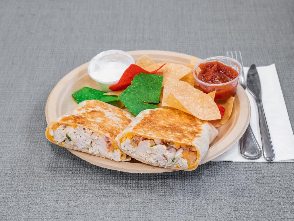 Cajun Chicken Quesadilla · Filled with pico de gallo and melted mixed cheese. Served with salsa and sour cream.