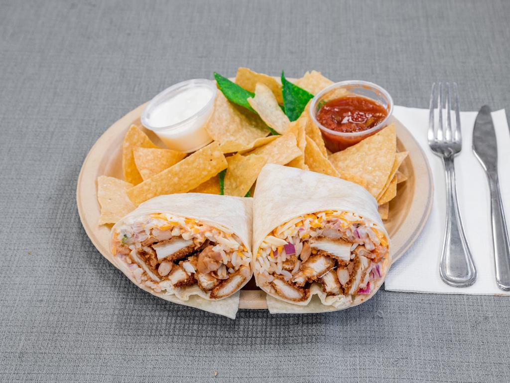 Crispy Chicken Burrito · Filled with rice, beans, mild salsa, melted mixed cheese, sour cream and pico de gallo.