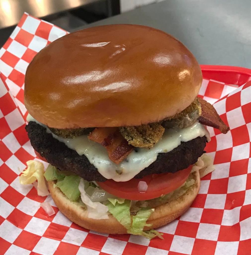 '52 Chevy Burger 2.0 · 8 oz. Angus beef with lettuce, tomato, pickles, bacon, fried jalapenos, pepper jack cheese, chipotle mayo.