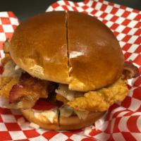'52 Chevy Chicken Sandwich · 5 oz. fried chicken breast with lettuce, tomato, pickles, bacon, pepper jack cheese and ranc...