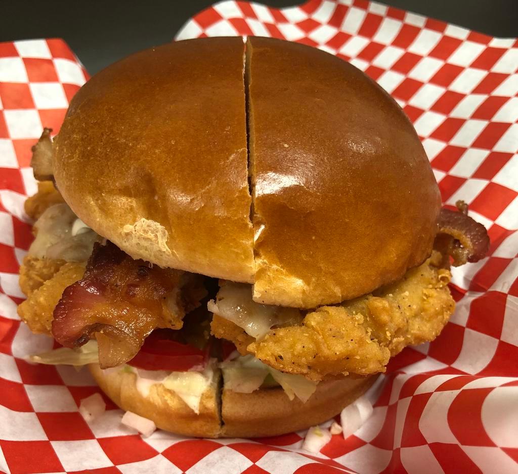 '52 Chevy Chicken Sandwich · 5 oz. fried chicken breast with lettuce, tomato, pickles, bacon, pepper jack cheese and ranch dressing.
