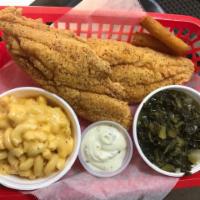 Double Meal · 2 catfish filets, 2 sides and hushpuppies. We only serve US farm-raised catfish. 5-7 oz. fil...