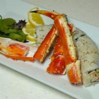 King crab California Roll 8pcs · King Crab, Avocado, Cucumber, Sesame Seeds,
King Crab Sashimi on the side 4pcs.