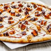 BBQ Chicken Pizza · Round, thin crust pie with crispy chicken cutlet, lightly tossed in our homemade BBQ sauce, ...