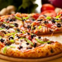 The Works Pizza · Traditional tomato sauce, pepperoni, Italian sausage, fresh red onions, fresh green peppers,...