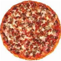 The Meat Pizza · Traditional tomato sauce, pepperoni, Italian sausage, ham, Canadian bacon and extra cheese.