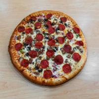 Super Supreme Pizza · Comes with tomato sauce, pepperoni, Italian sausage, bacon, ham, green peppers, red onions, ...