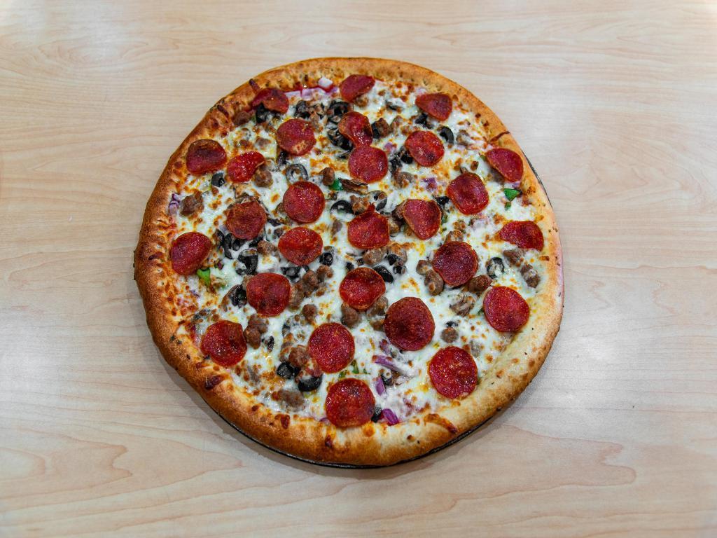 Super Supreme Pizza · Traditional tomato sauce, pepperoni, Italian sausage, bacon, ham, fresh green peppers, fresh red onions, fresh mushrooms, black olives, fresh tomatoes, jalapeno peppers and extra cheese.