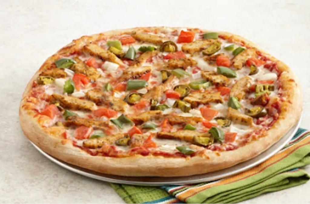 Chicken Fajita Pizza · Fresh, Never frozen hand-tossed crust.Our secret recipe pizza sauce topped with grill marinated chicken breast, fresh tomato, fresh green pepper , fresh onion , jalapeños peppers and our special blend of 100% fresh natural cheesees,sprinkle with fajita seasoning