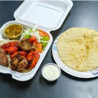mix combo platters · served with lamb,chicken,&beef kabob, chickpeas, fresh rice, salad,&ours secret spicy sauce 