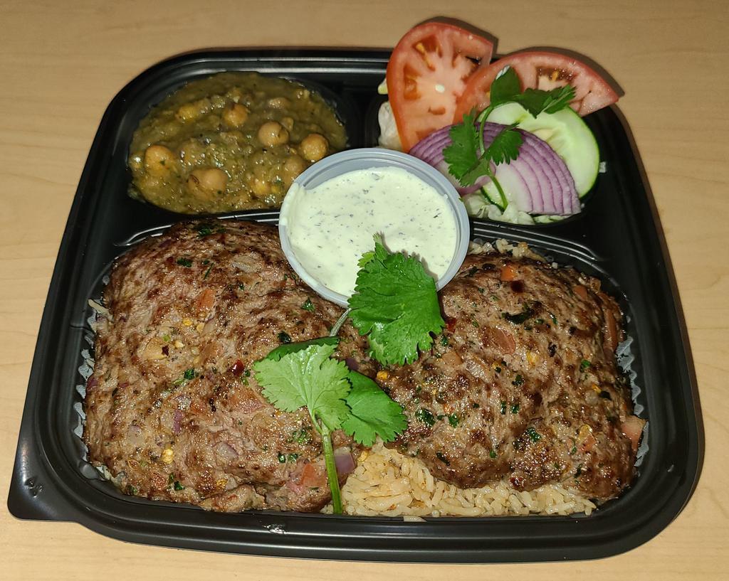 Halal chapli kabob  · fresh ground beef mix with spices and our secret sauce come with salad & chick Pease 
