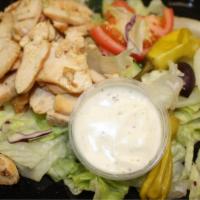 Grilled Chicken Salad · Romaine lettuce, Roma tomatoes, red onions, cucumbers, green peppers, grilled chicken breast...