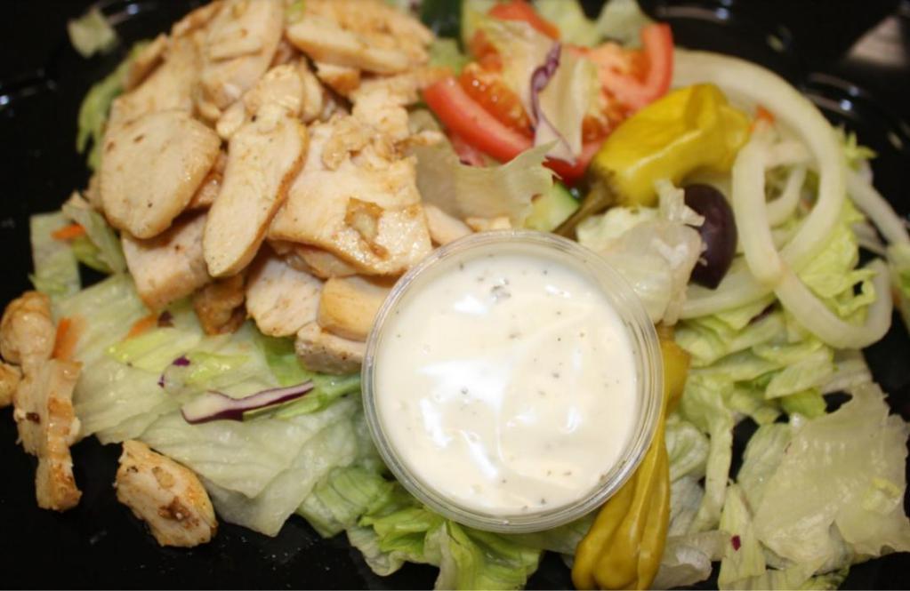 Grilled Chicken Salad · Romaine lettuce, Roma tomatoes, red onions, cucumbers, green peppers, grilled chicken breast, American and provolone cheese, Greek kalamata black olives and imported pepperoncini.