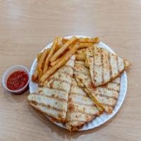 Chicken Breast Quesadilla · Grilled flour tortilla stuffed with chicken. Served with a side of fries, sour cream and sal...