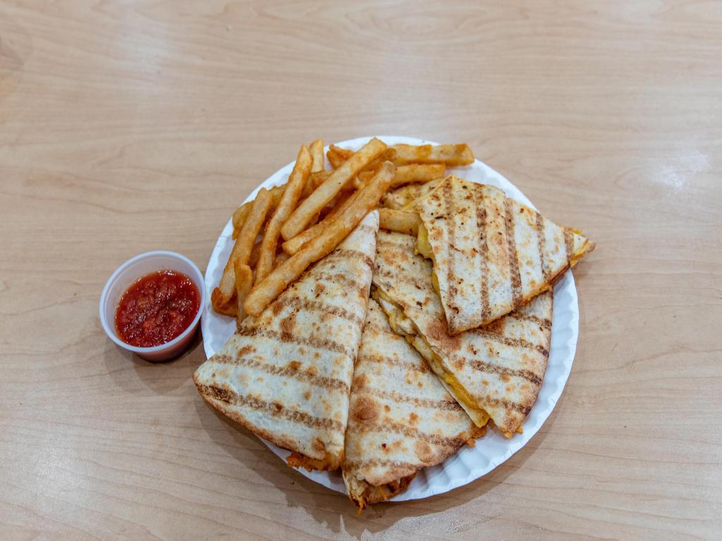 Chicken Breast Quesadilla · Grilled flour tortilla stuffed with chicken. Served with a side of fries, sour cream and salsa.