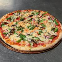 Vegetarian Pizza · Fresh dough, tomato sauce, spinach, red onions, mushrooms, fresh tomatoes, green peppers, gr...
