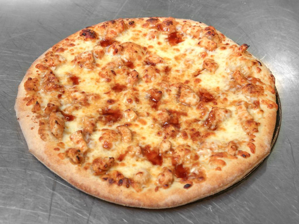 BBQ Chicken Pizza · Fresh dough, with BBQ sauce, topped with onion, green pepper, BBQ chicken and grande mozzarella.