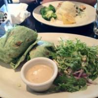 Caesar Chicken Wrap · Grilled chicken breast, shredded romaine, Kalamata olives, Parmesan cheese, and croutons wit...