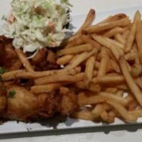 Beer Battered Fish and Chips · With cole slaw and tartar sauce.