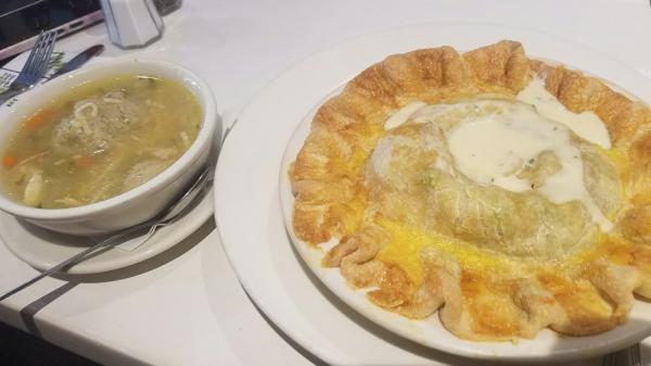 Chicken Pot Pie · Filled with chicken, potatoes, carrots, celery, onions, peas and mushrooms, baked over flaky pie crust.