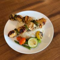 Chicken Kabob Plate · grilled chicken / with rice, garlic dip, & salad