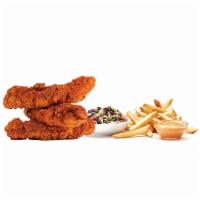 3 Nashville Hot Tender Box · 3 Nashville Hot Crispy Chicken Tenders served with super slaw, fries and Greek Yogurt Ranch.