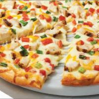 Chicken Garlic Pizza · Grilled chicken, Roma tomatoes, green onions, whole milk mozzarella, mild cheddar, and herb ...
