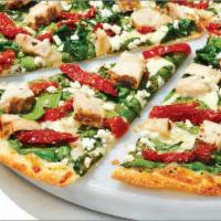 Herb Chicken Mediterranean Pizza · Grilled chicken, fresh spinach, sundried tomatoes, whole-milk mozzarella, crumbled feta, zes...