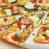 Gourmet Vegetarian Pizza · Our artisan thin crust, topped with creamy garlic sauce, whole-milk mozzarella, fresh spinac...