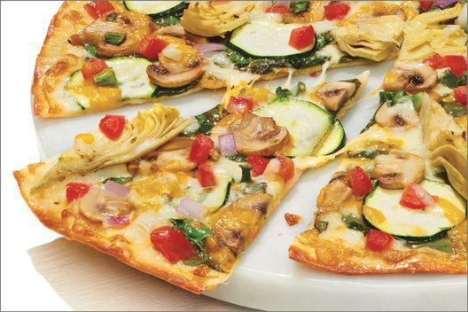 Gourmet Vegetarian Pizza · Our artisan thin crust, topped with creamy garlic sauce, whole-milk mozzarella, fresh spinach, sliced zucchini, sliced mushrooms, marinated artichoke hearts, Roma tomatoes, mixed onions, cheddar, and herb & cheese blend.