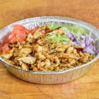 Grilled Chicken Over Rice Bowl · Chicken over rice with lettuce tomato's and onions topped off with our famous white sauce an...