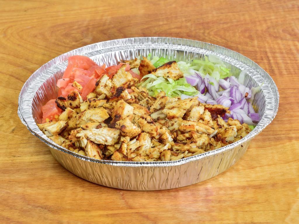 Grilled Chicken Over Rice Bowl · Chicken over rice with lettuce tomato's and onions topped off with our famous white sauce and Sriracha.