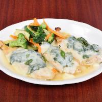 Chicken Florentina · Fresh spinach and melted cheese.