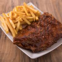 Rack BBQ Ribs · Rack costillas BBQ. Served with side.