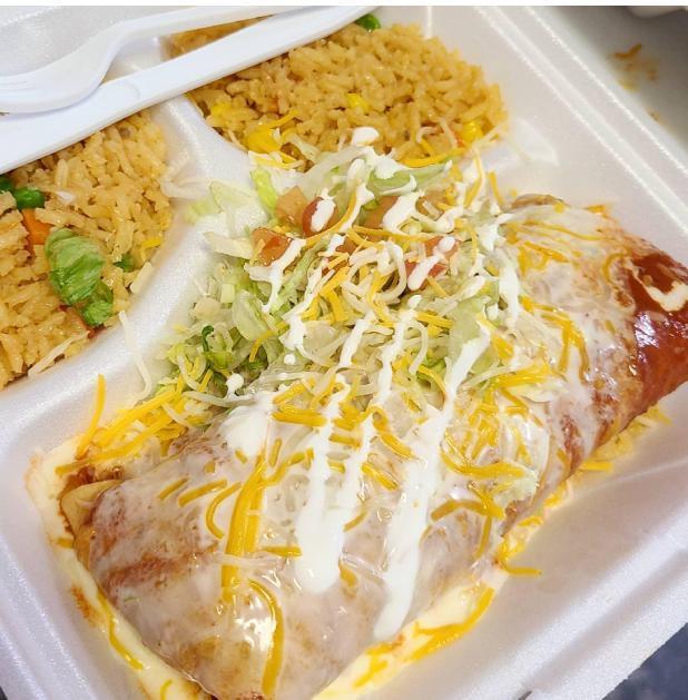 Chimichanga · Choice of ground beef, shredded chicken or pork in sauce served with rice and beans, lettuce, tomatoes, cheese and sour cream. Topped with enchilada sauce.
