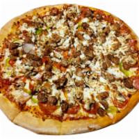 Deluxe Pizza · Onions, green pepper, pepperoni, mushroom, and sausage.