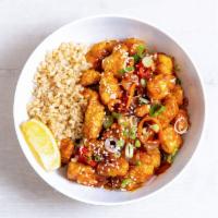 Orange Chicken 2.0 · Antibiotic-free, oven-fried chicken with charred peppers, caramelized onions, green onions, ...