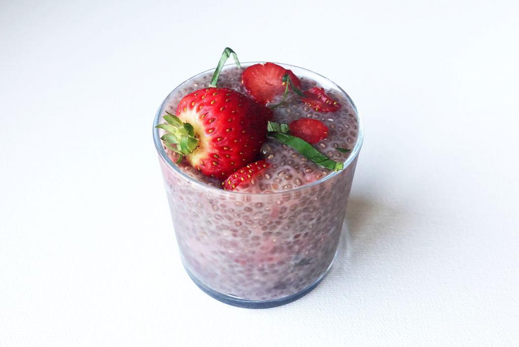 Strawberry Lemon Basil Chia Pudding · Chia seeds soaked overnight in dairy-free milk and sweetened with raw cane sugar. (Gluten-free, vegan.)