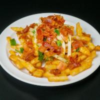 Papas Bravas · All natural French fries, chopped bacon, Colombian style pico de gallo and homemade cilantro...
