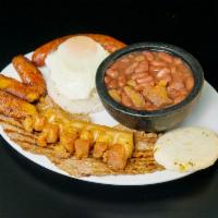 Bandeja Paisa · Grilled steak or ground beef, sweet plantains, beans, pork belly, arepa and rice topped with...