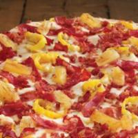 Hawaiian Specialty Pizza · Family recipe pizza sauce, provolone, pineapple, capocolla ham, bacon, and banana peppers.