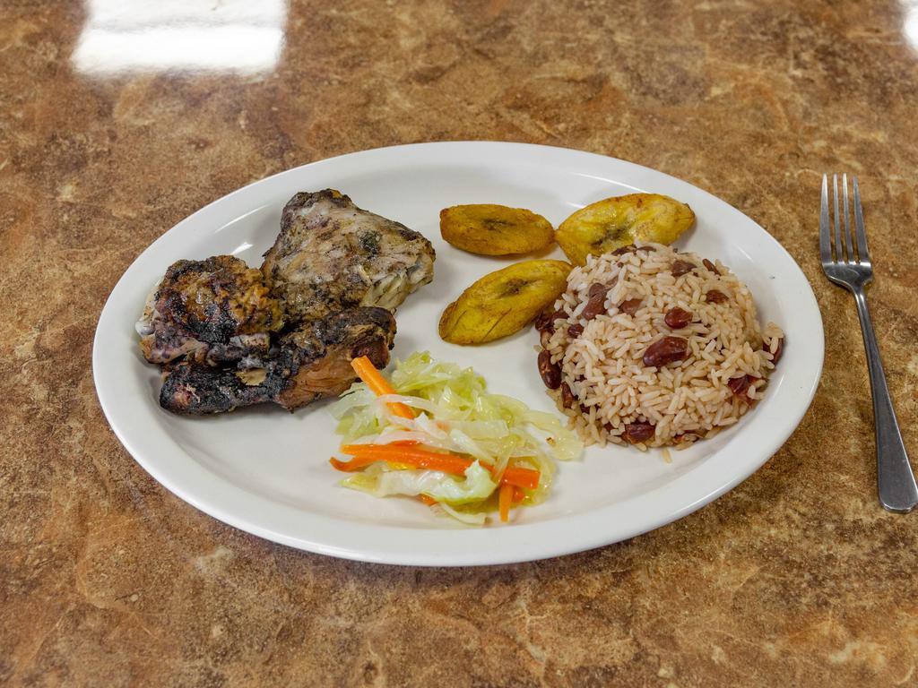 Jerk Chicken Meal · Spicy. Grilled leg quarters marinated with spices native to Jamaica. Entree automatically served over red beans and rice, cabbage, and plantain (Unless requested otherwise).
