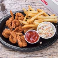 Shrimp Platter · Eight hand breaded, jumbo shrimp served with fries, slaw and cocktail sauce. Hand breaded to...